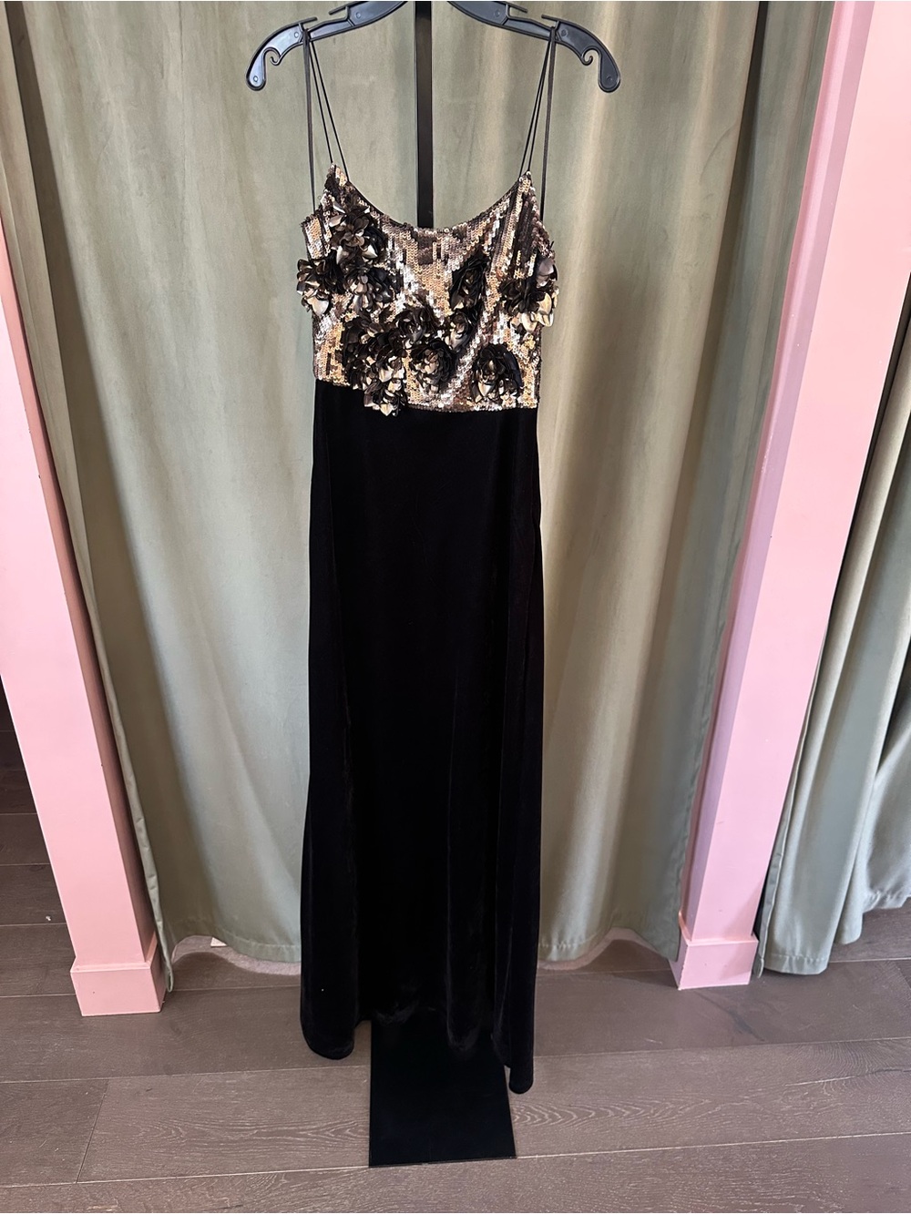 Halston Black Velvet Maxi Dress with Gold Sequin Bodice